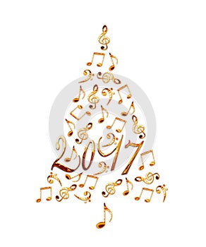 2017 christmas tree with golden metal musical notes isolated on white