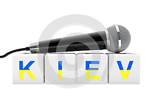 2017 Eurovision Song Contest. Microphone over Kiev Cube Sign. 3d Rendering
