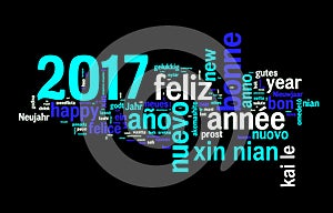 2017 greeting card on black background, new year in many languages