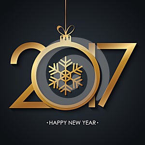 2017 Happy New Year greeting card with golden christmas ball and snowflake on black background.
