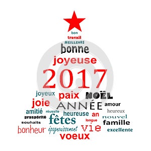 2017 new year french word cloud greeting card in shape of a christmas tree