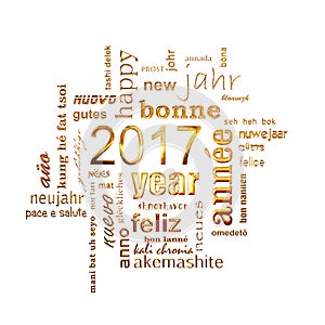 2017 new year multilingual golden text word cloud square greeting card