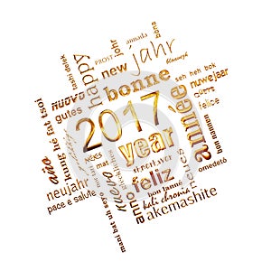 2017 new year multilingual golden text word cloud square greeting card on white