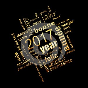 2017 new year multilingual golden word cloud square greeting card on black background