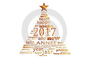 2017 new year multilingual text word cloud greeting card, shape of a christmas tree