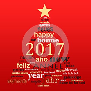 2017 new year multilingual text word cloud greeting card, shape of a christmas tree