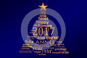 2017 new year multilingual text word cloud greeting card in the shape of a christmas tree