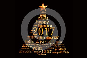 2017 new year multilingual word cloud greeting card in the shape of a christmas tree