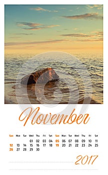 2017 photo calendar with minimalist landscape. November.