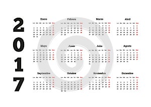 2017 year calendar in spanish, isolated on white