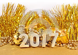 2017 year golden figures and golden Christmas decorations