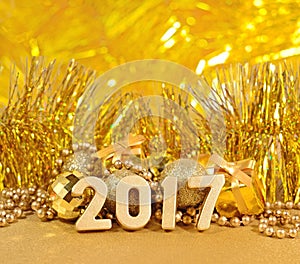 2017 year golden figures and golden Christmas decorations