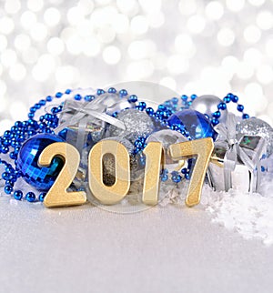 2017 year golden figures and silvery and blue Christmas decorations