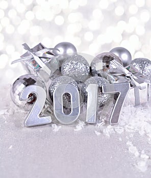 2017 year silver figures and silvery Christmas decorations