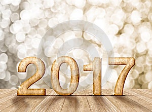2017 year wood number in perspective room with sparkling bokeh w