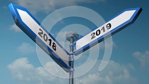 2018 - 2019 blue arrow street signs pointing to left and right - 3D rendering illustration