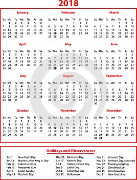 2018 Calendar Months and Holidays Red