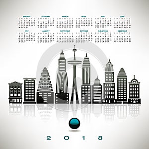 2018 calendar with a stylized cityscape