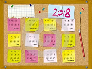 2018 calendar - week starts on Sunday - cork board with notes