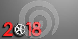 2018 with car`s wheel on grey background. 3d illustration