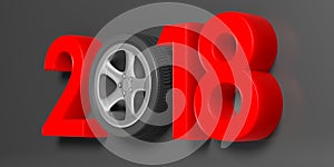 2018 with car`s wheel on grey background. 3d illustration