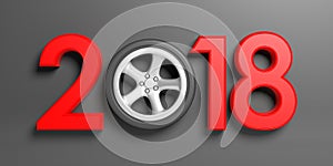 2018 with car`s wheel on grey background. 3d illustration