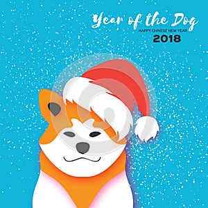 2018 Chinese year of the Dog. Happy Chinese New Year Greeting Card. Paper cut Akita Inu doggy with santa claus red hat