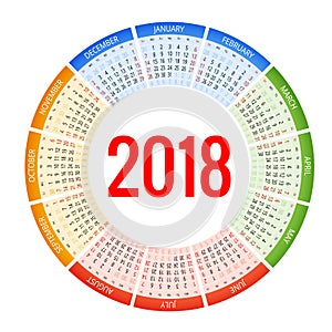 2018 circle calendar. Print Template. Week Starts Sunday. Portrait Orientation. Set of 12 Months. Planner for 2018 Year.