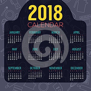 2018 Dark Blue Cooking Stuff Lined Icon Pattern Printable Calendar Starts Sunday