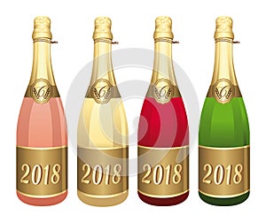 2018 Four Champagne bottles vector illustration. Congratulations or happy new year !