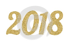 2018 of gold glitter on white background, symbol of New Year