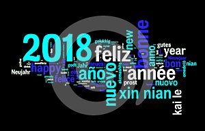 2018 greeting card on black background, new year translated in many languages