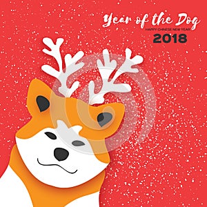 2018 Happy Chinese New Year Greeting Card. Chinese year of the Dog. Paper cut Akita Inu doggy with horns. Snow