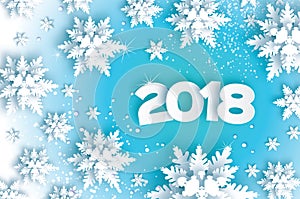 2018 Happy New Year Background. Blue Greetings Card for Christmas invitations. Paper cut snow flake. Paper cut Winter