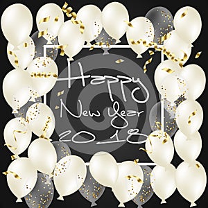 2018 Happy New Year ballon. black background, glitter frame, golden, text.