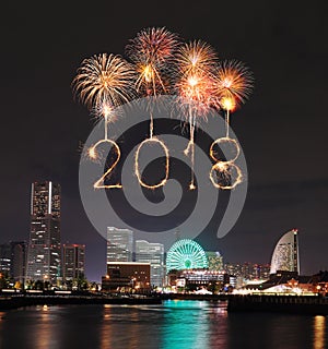 2018 Happy new year firework Sparkle with Yokohama cityscape, Japan