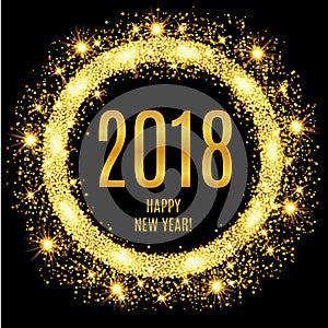 2018 Happy New Year glowing gold background.