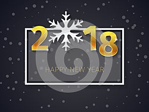 2018 Happy New Year gold 3D text with the frame on the Christmas dark flat background with falling snow.