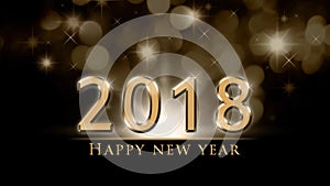 2018 New Year background with gold 2018 and Happy New Year text with golden, bokeh, party lights and stars