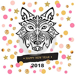 2018 New Year card with black dog`s or wolf`s head stylized Maori face tattoo.