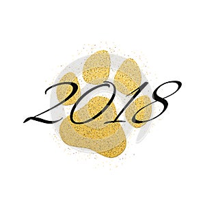2018 new year of the dog. A dog`s paw of gold glitters on a white background. Black numbers. Gold sand. Background for the banner
