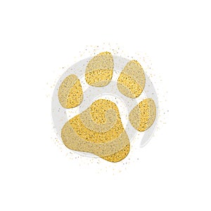 2018 new year of the dog. A dog`s paw of gold glitters on a white background. Gold sand. Background for the banner. Vector