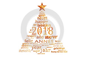 2018 new year multilingual text word cloud greeting card in the shape of a christmas tree