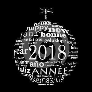 2018 new year multilingual text word cloud greeting card in the shape of a white christmas ball on black