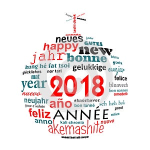 2018 new year multilingual word cloud greeting card in the shape of a christmas ball