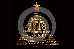 2018 new year multilingual word cloud greeting card in the shape of a christmas tree