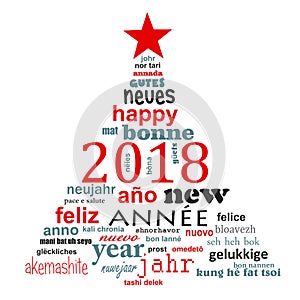 2018 new year multilingual word cloud greeting card in the shape of a christmas tree