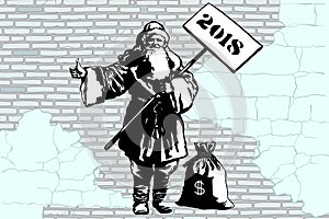 2018 new year Santa Claus hitchhiker with a bag of money