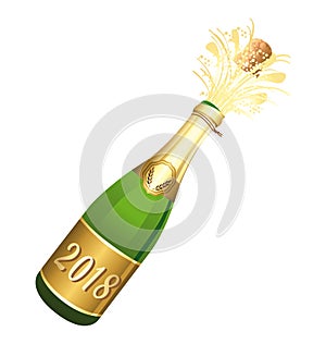 2018 Opened Champaign bottle vector illustration. Congratulations or happy new year !