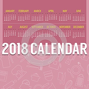 2018 Pink Cooking Stuff Lined Icon Pattern Printable Calendar Starts Sunday